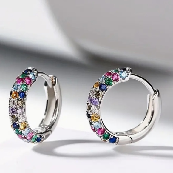 Silver Plated Mini Hoop Earrings Sparkling colorful Zircon Gem - Picture 9 of 10